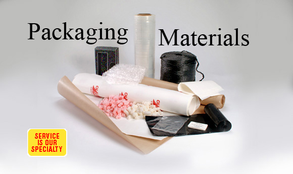 A picture displaying the packaging materials we offer. In the picture are packing peanuts, shrink and bubble wrap, cordage, and plastic bags, printed roll wrap, foam packing material